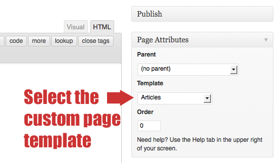 Select the newly added articles page template from the drop-down menu