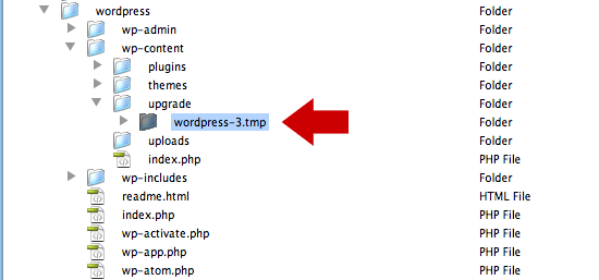 Screenshot: Upgrade Folder with Temp WP File
