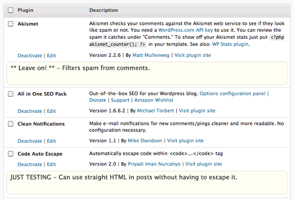 Screenshot showing plugin notes displayed on Plugins screen