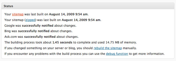Screenshot of Sitemaps plugin settings