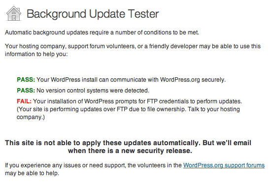 WordPress Background Update Tester Plugin Fail