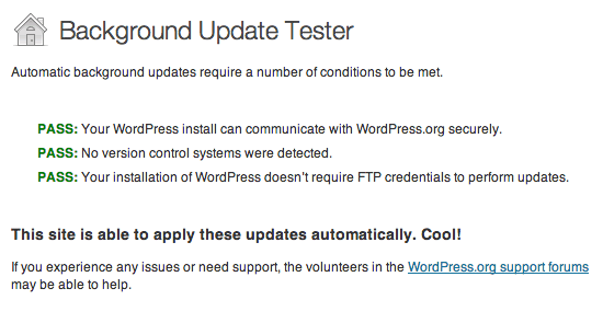WordPress Background Update Tester Plugin Pass Results