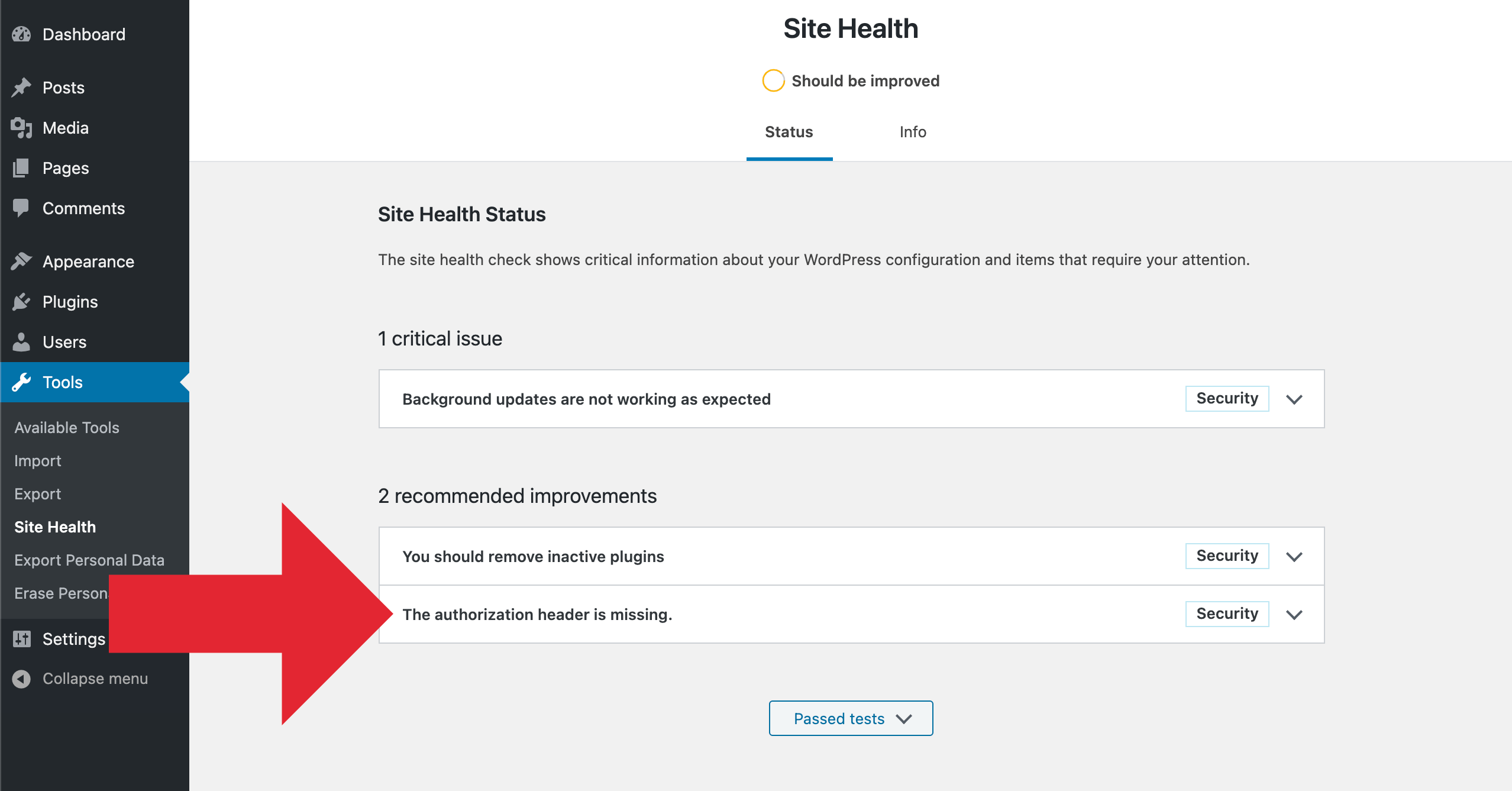 Site Health Results: Authorization Header Missing
